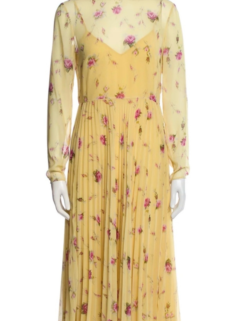 RED Valentino Yellow Midi Dress with Pink Floral Pattern